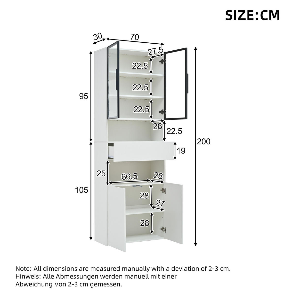 VITRINE aus Spanplatte 70x30x200 cm Weiß mit Glastüren, Schublade und App-gesteuerter LED-Beleuchtung - Weiß, Holzwerkstoff (70/200/30cm) - IVMEU
