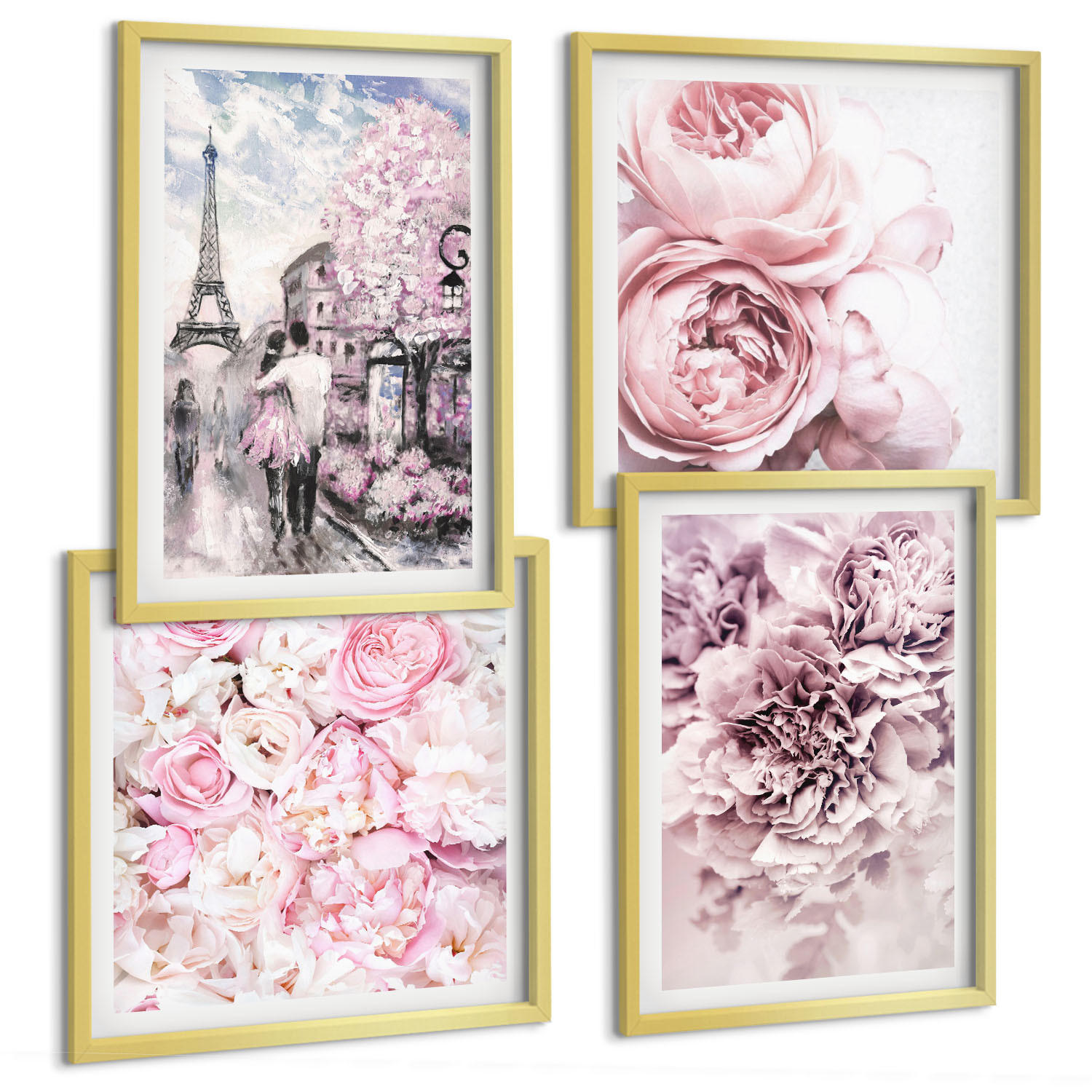 BILDER SET 4er Set - 50x50 cm & 40x60 cm Goldrahmen - Rosa Blumen, romantische Landschaft - Goldfarben, Kunststoff (50/50cm) - TULUP