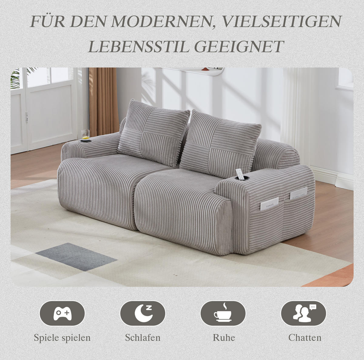 SOFA od samta, 200/99/80 cm svijetlosiva, 2-sjed s držačem za piće - svijetlo siva, tekstil (100/80/200cm) - BEAOK