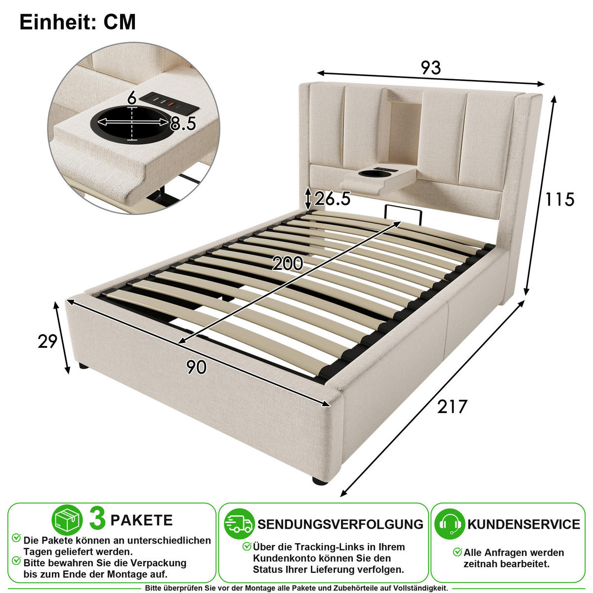 ČALOUNĚNÁ POSTEL 90/200 cm v béžové barvě s úložným prostorem, USB a Type-C - béžová, kov/kompozitní dřevo (90/200cm) - CHICFURN