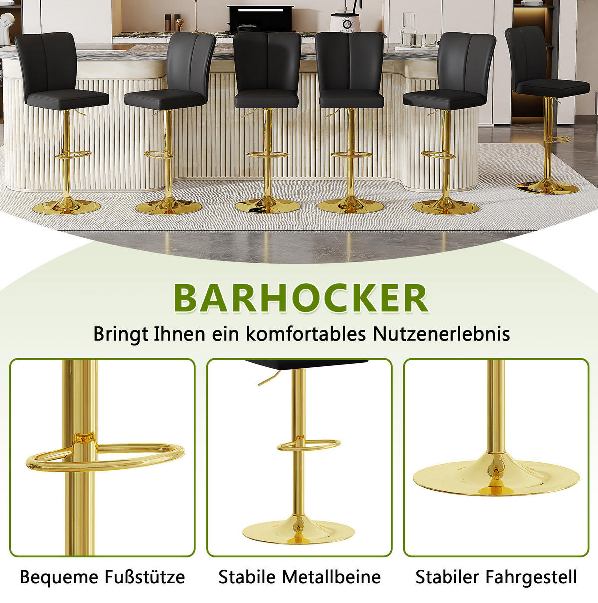 BARHOCKER 2er-Set Schwarz/Gold höhenverstellbar und 360° drehbar - Schwarz, Metall (44/117.5/44.5cm) - MIVRAY