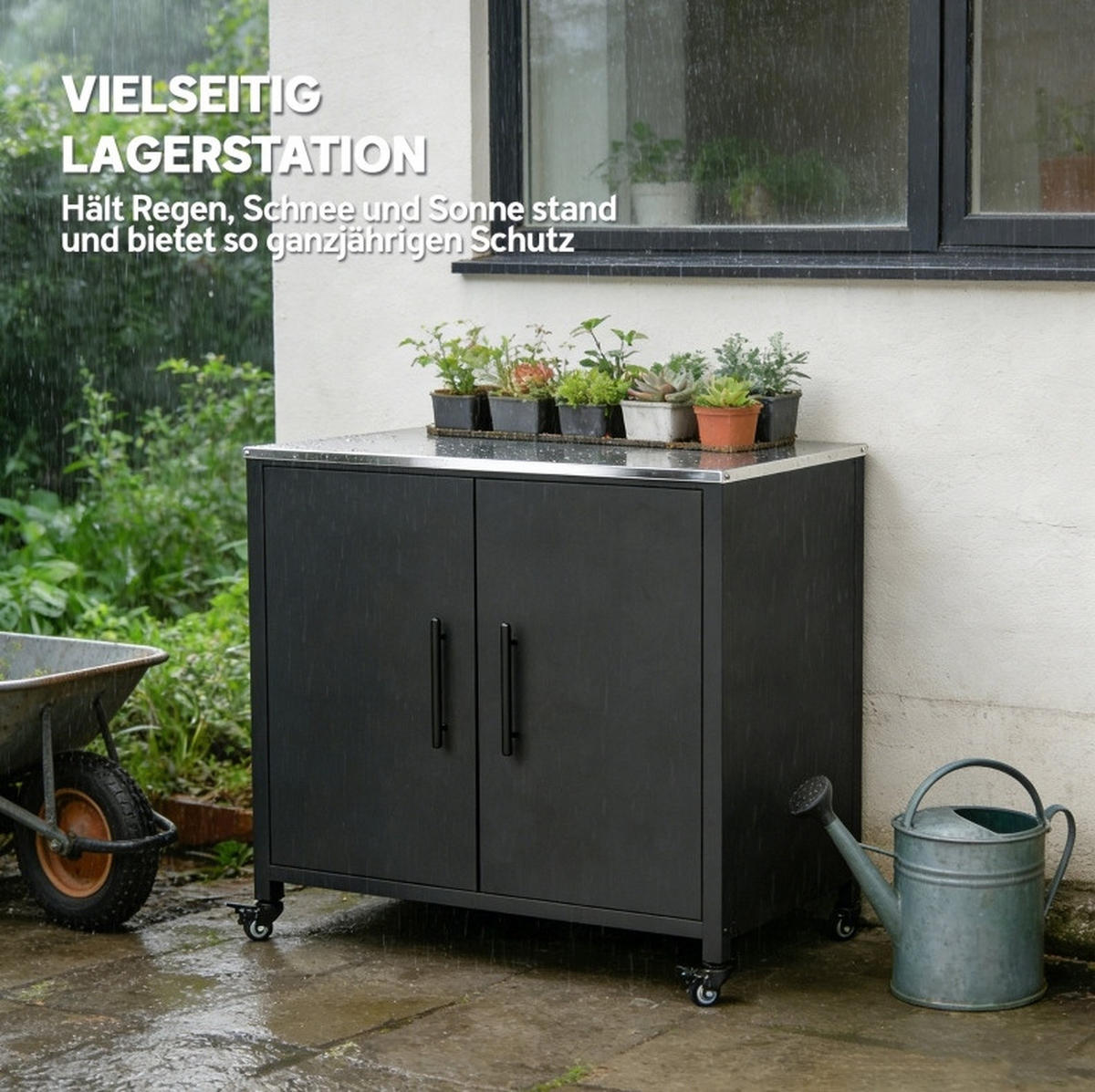 GARTENSCHRANK mit Pflanztisch, herausnehmbarem Einlegeboden, Edelstahl-Arbeitsplatte und Rollen, Schwarz - Schwarz, Metall (50/90/80cm) - Redom
