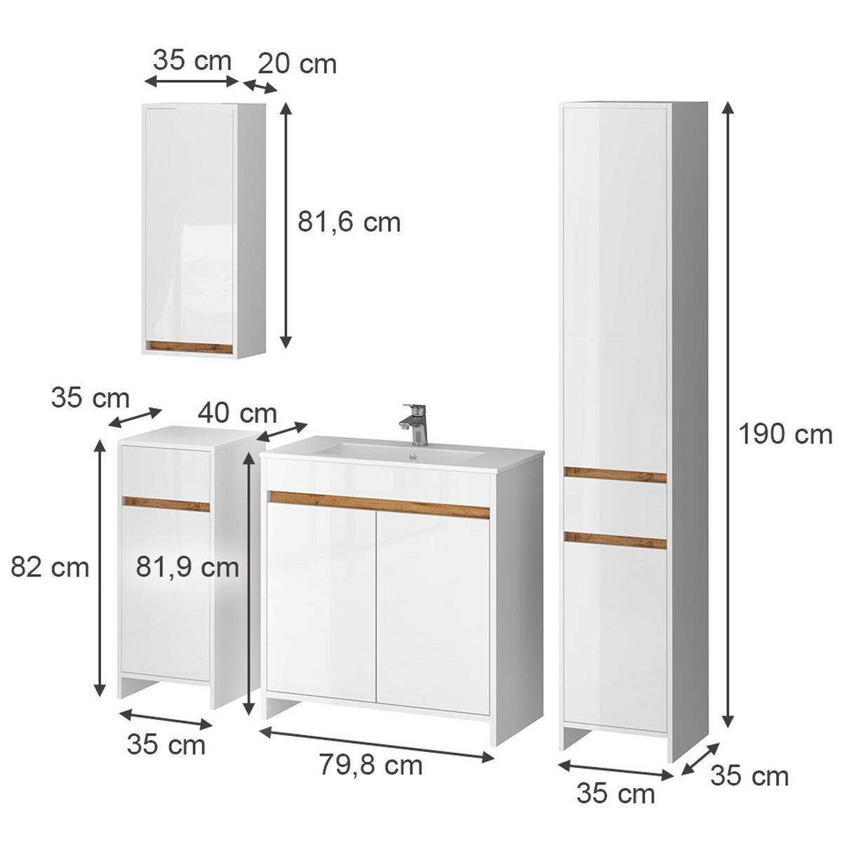 BADMÖBEL-SET Lemgo Weiß Hochglanz 5er-Set - Honigeiche/Weiß Hochglanz, Holzwerkstoff (79.8/81.9/40cm) - Vicco