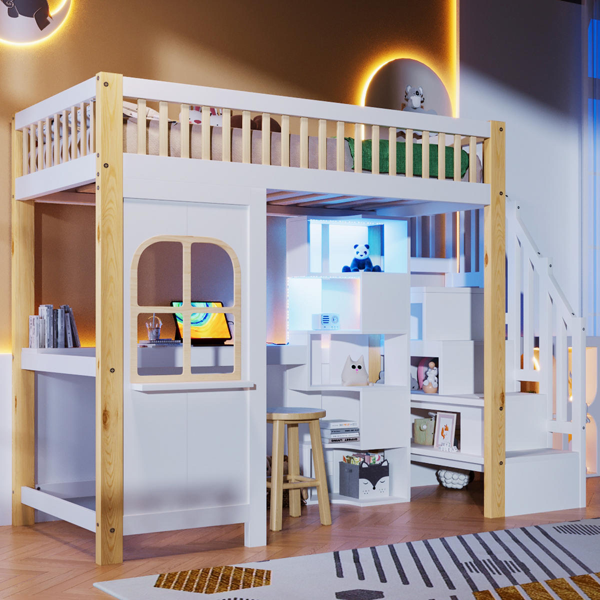 HOCHBETT 90x200cm Weiß + Natur LED-Licht Fensterform Schreibtisch - Multicolor, Holz (90/200cm) - FLIEKS