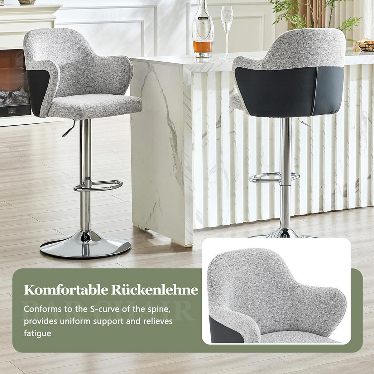 BARHOCKER-SET(2ER-SET) mit Armlehnen, um 360° drehbar, Hellgrau + Schwarz - Grau, Textil (37.6/118/45cm) - KOMHTOM