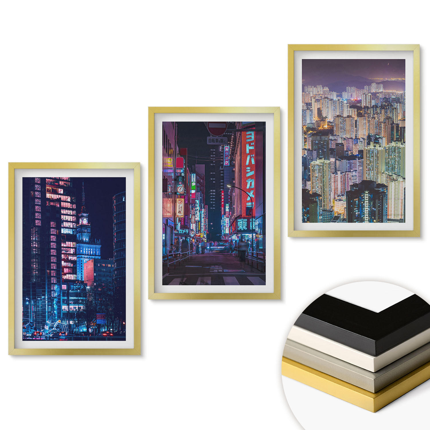 WANDBILDER 3er Set - 40x60 cm Goldrahmen - Neonlichter der nächtlichen Stadt - Goldfarben, Kunststoff (40/60cm) - ArtPrintCave