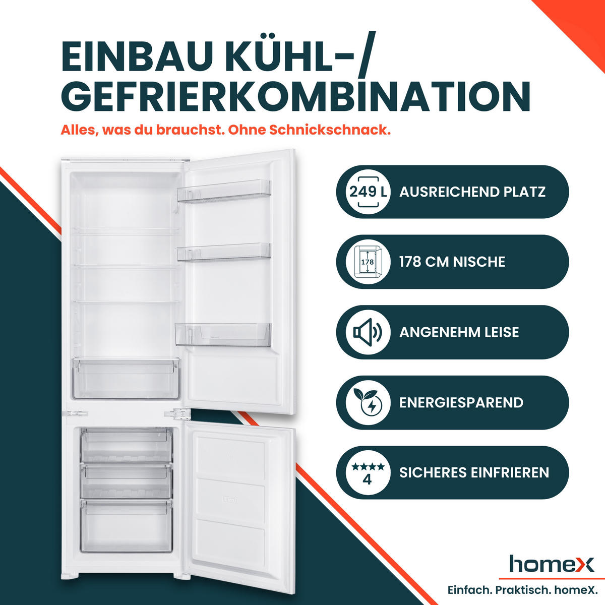 KÜHL-GEFRIER-KOMBINATION Einbau, 178cm Nische, 249 Liter, Schlepptürtechnik, Einbaukühlschrank mit Gefrierfach, CFB2491E - Weiß, Glas/Kunststoff (54/178/54cm) - homeX