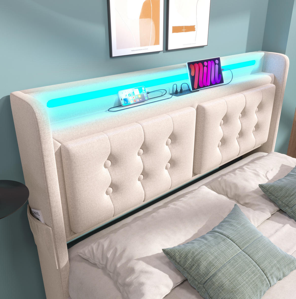 ČALOUNĚNÁ postel 140/200 cm z bavlněného lnu béžová, s LED osvětlením, USB-C a 4 zásuvkami - béžová, textil (140/200cm) - BEAOK