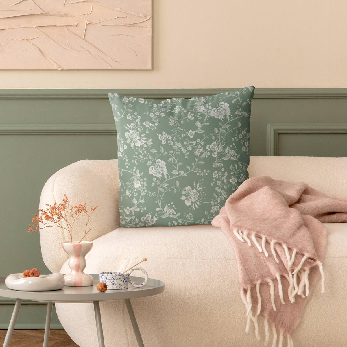 DEKOKISSEN Blumenranken auf Grün 50/50 cm - Grün, Textil (50/50/10cm) - Bilderwelten