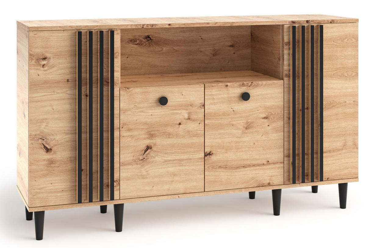 KOMMODE Livia Eiche Artisan / schwarz 160 / 40 / 92,5cm - Eichefarben/Multicolor, Holz/Holzwerkstoff (160/93/40cm) - Feldmann-Wohnen