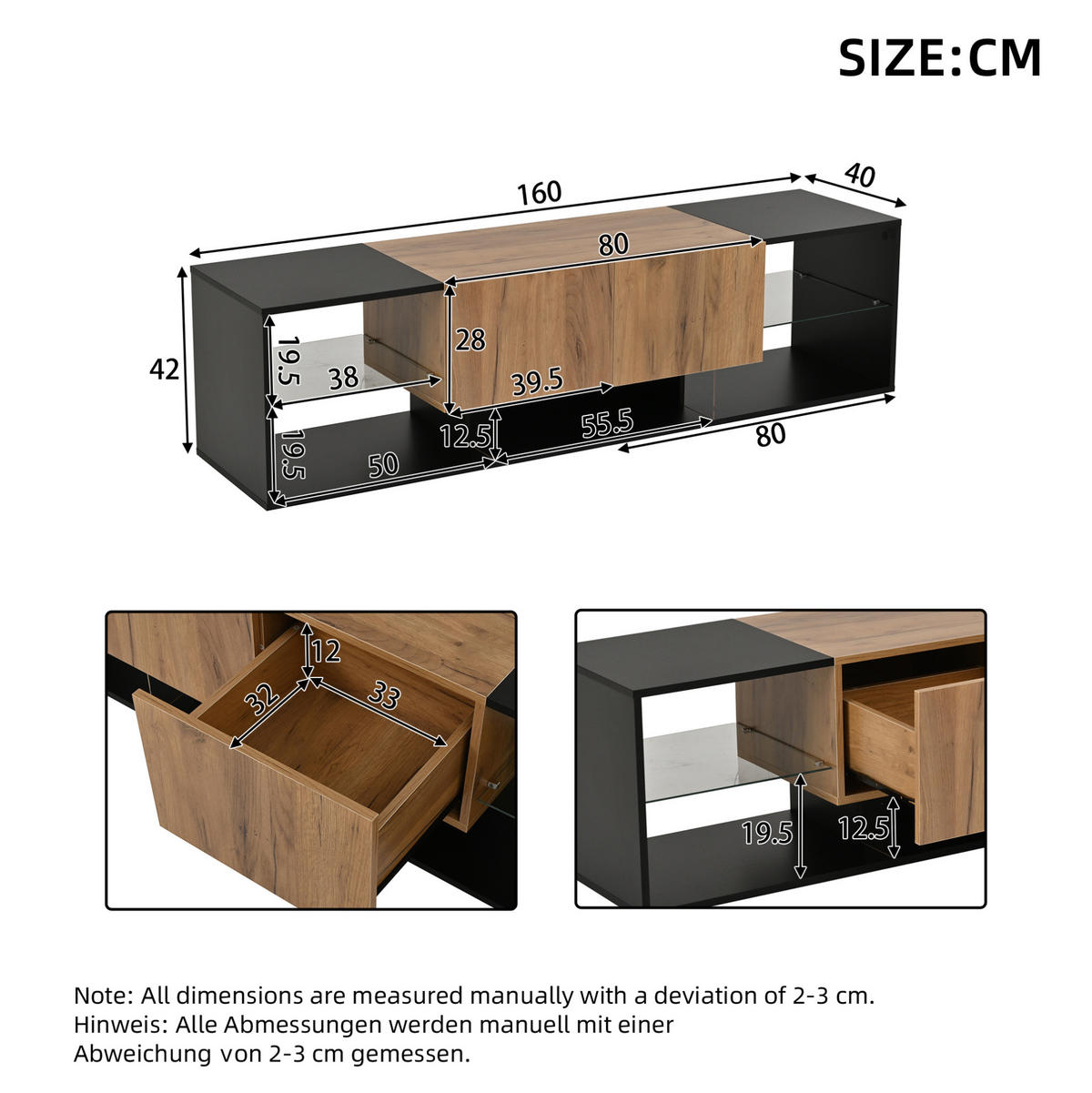 TV-ELEMENT mit LED und 2 Schubladen 160 cm Schwarz Natur - Schwarz, Holzwerkstoff (40/42/160cm) - Beauniv