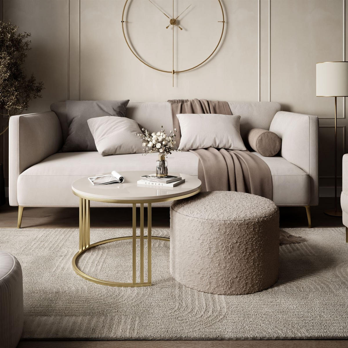 COUCHTISCH mit Hocker LORI Hochglanz gebürstetes Gold/glänzender Kaschmir/Coral 50 - Kaschmir, Metall (70/70/49cm) - Lookway