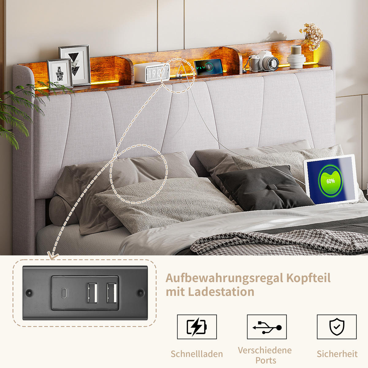 POLSTERBETT 160x200 cm, Beige, LED-Beleuchtung, USB/TPCY-C - Beige, Textil/Metall (160/200cm)