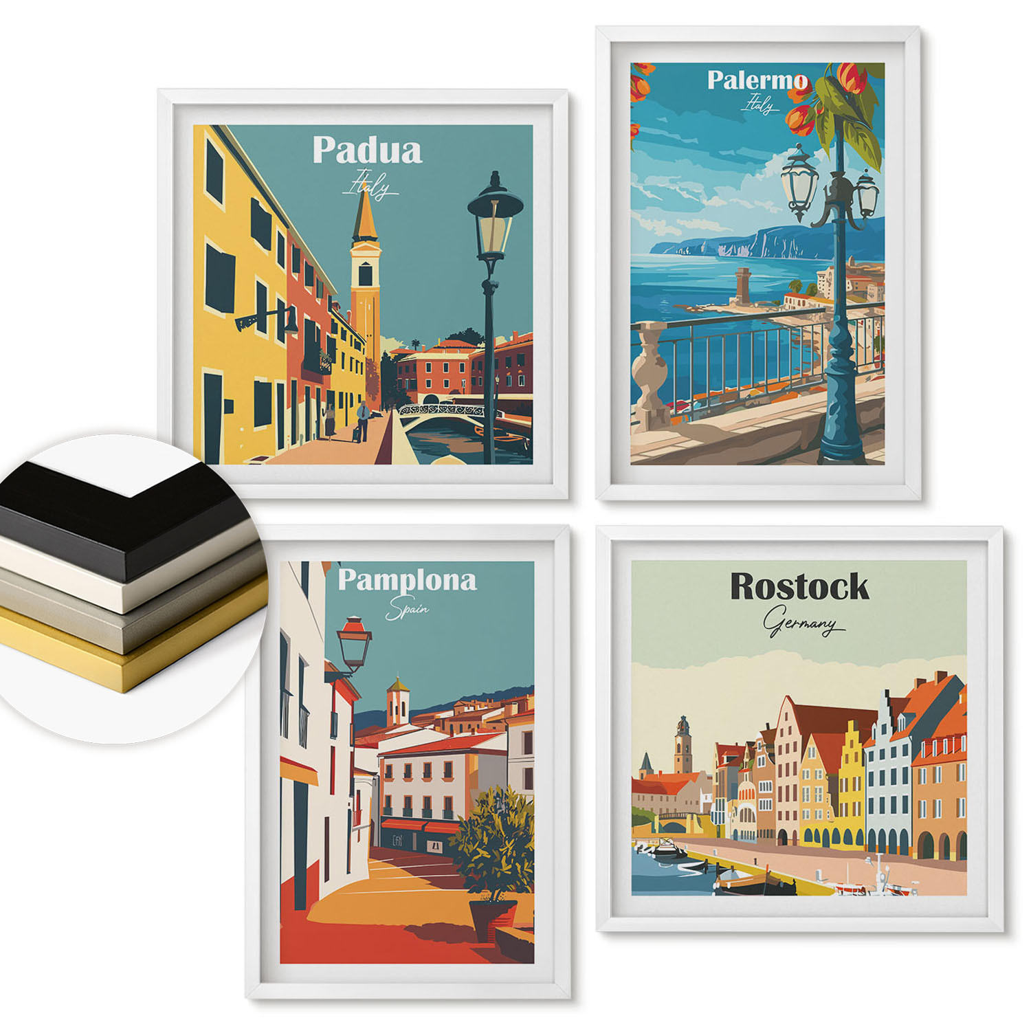 WANDBILDER 4er-Set - 50x50 cm & 40x60 cm Weißer Rahmen - Retro-Stadtillustrationen - Weiß, Kunststoff (50/50cm) - ArtPrintCave