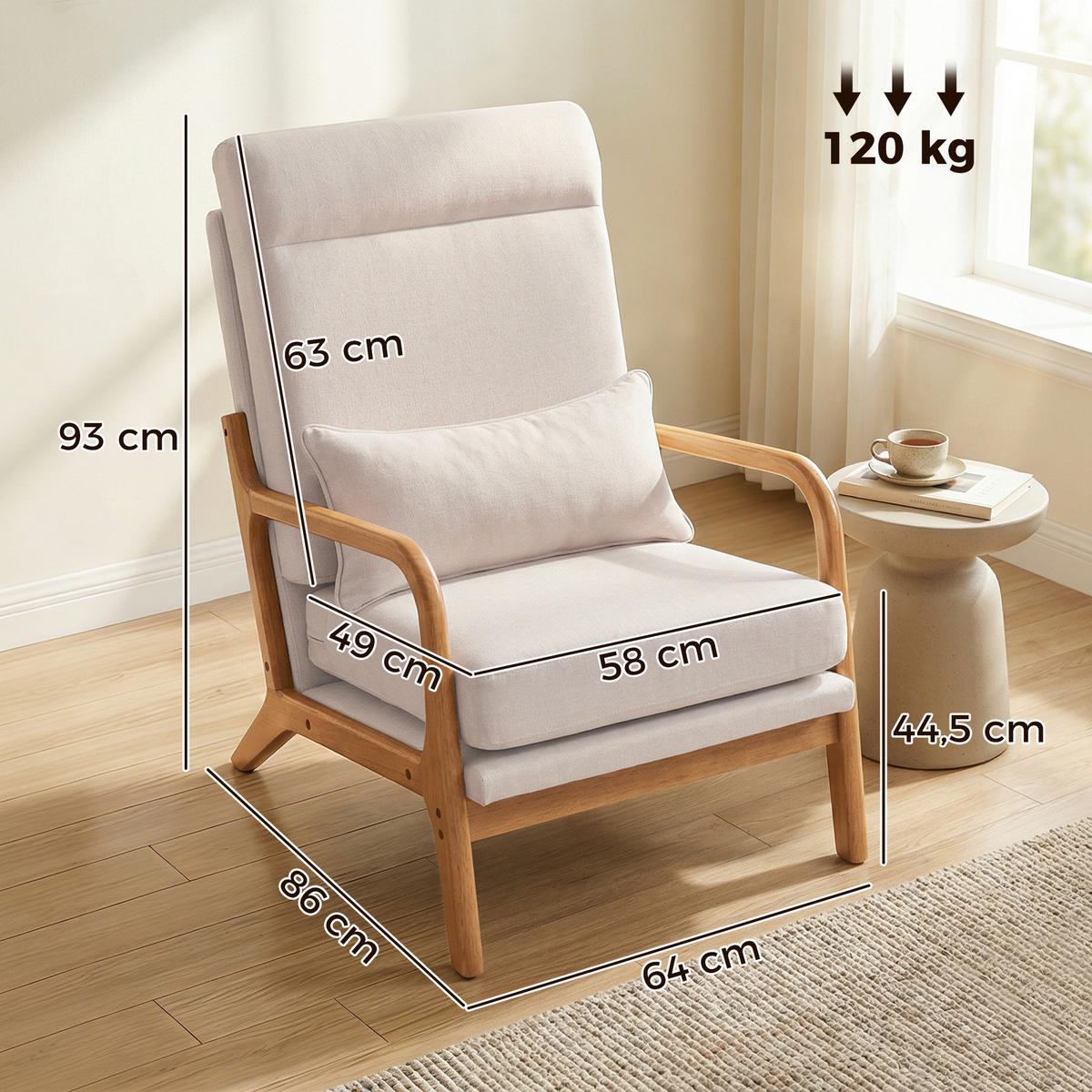 SESSEL DE-13363 hohe Rückenlehne & Lendenkissen Creme - Creme, Holz (64/93/86cm) - ComfortXL