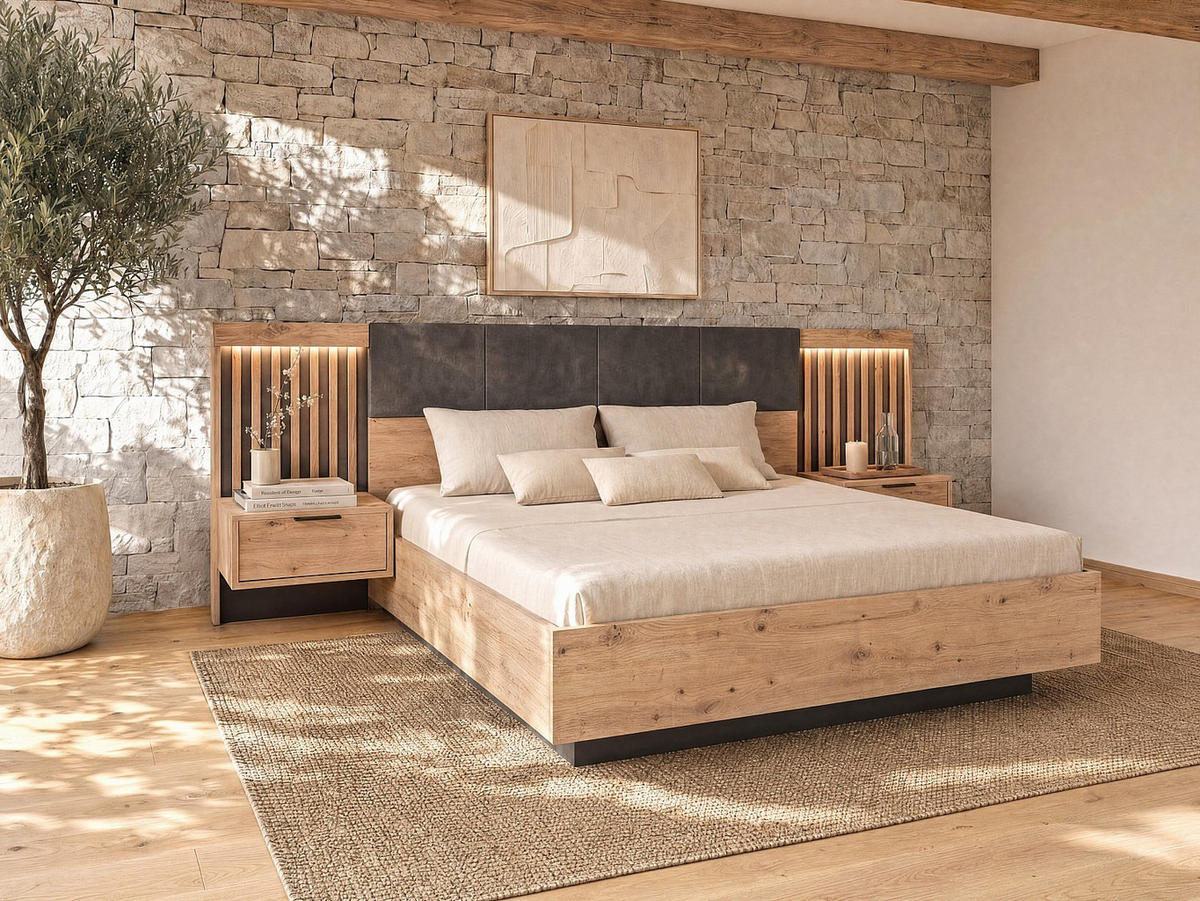 BETT mit Bettkasten - 2 Personen - holz - schwarz, naturfarben hell Ariada - Schwarz/Naturfarben, Holz (160/200cm) - Vente-Unique