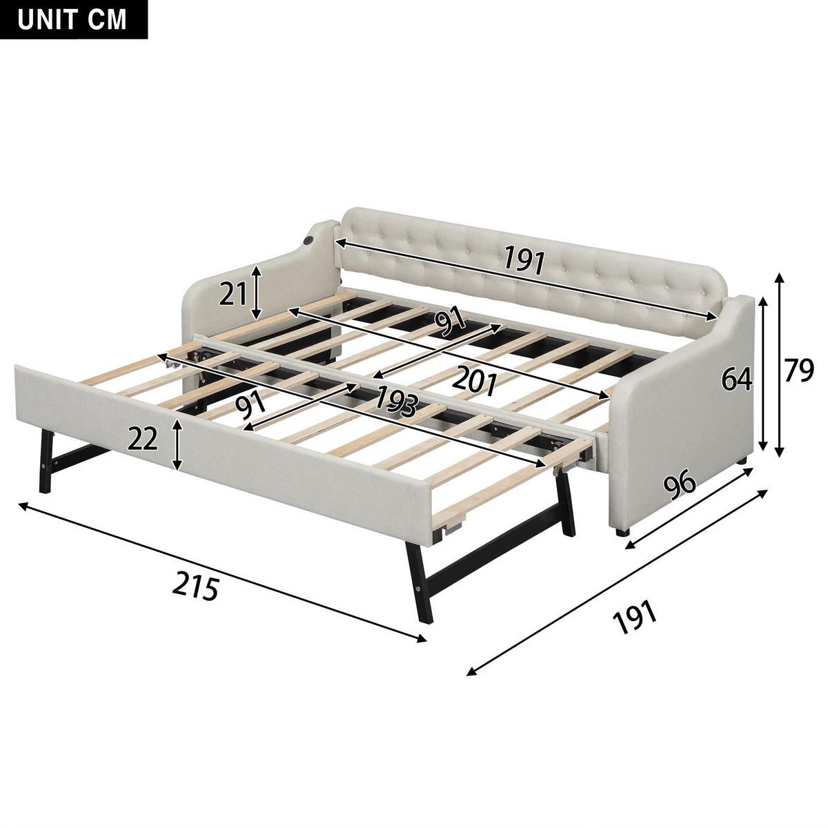 POLSTERBETT 90/200cm mit ausziehbarem Rollbett und USB-Anschluss Beige - Beige, Textil - OKWISH