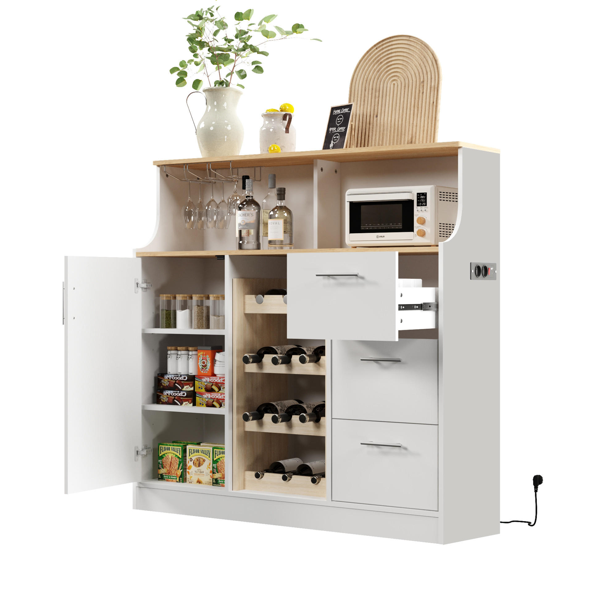 OKWISH BOČNÍ skříň 120/40/121 cm bílá a přírodní z MDF s LED osvětlením, zásuvkou a stojanem na víno