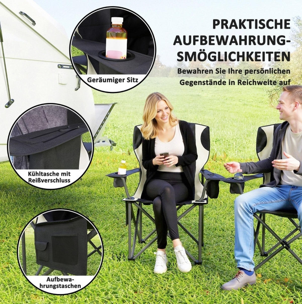 CAMPINGSTUHL aus Metall 94x62x100 cm in Schwarz mit Kühltasche - Schwarz, Metall (62/100/94cm) - Modfu