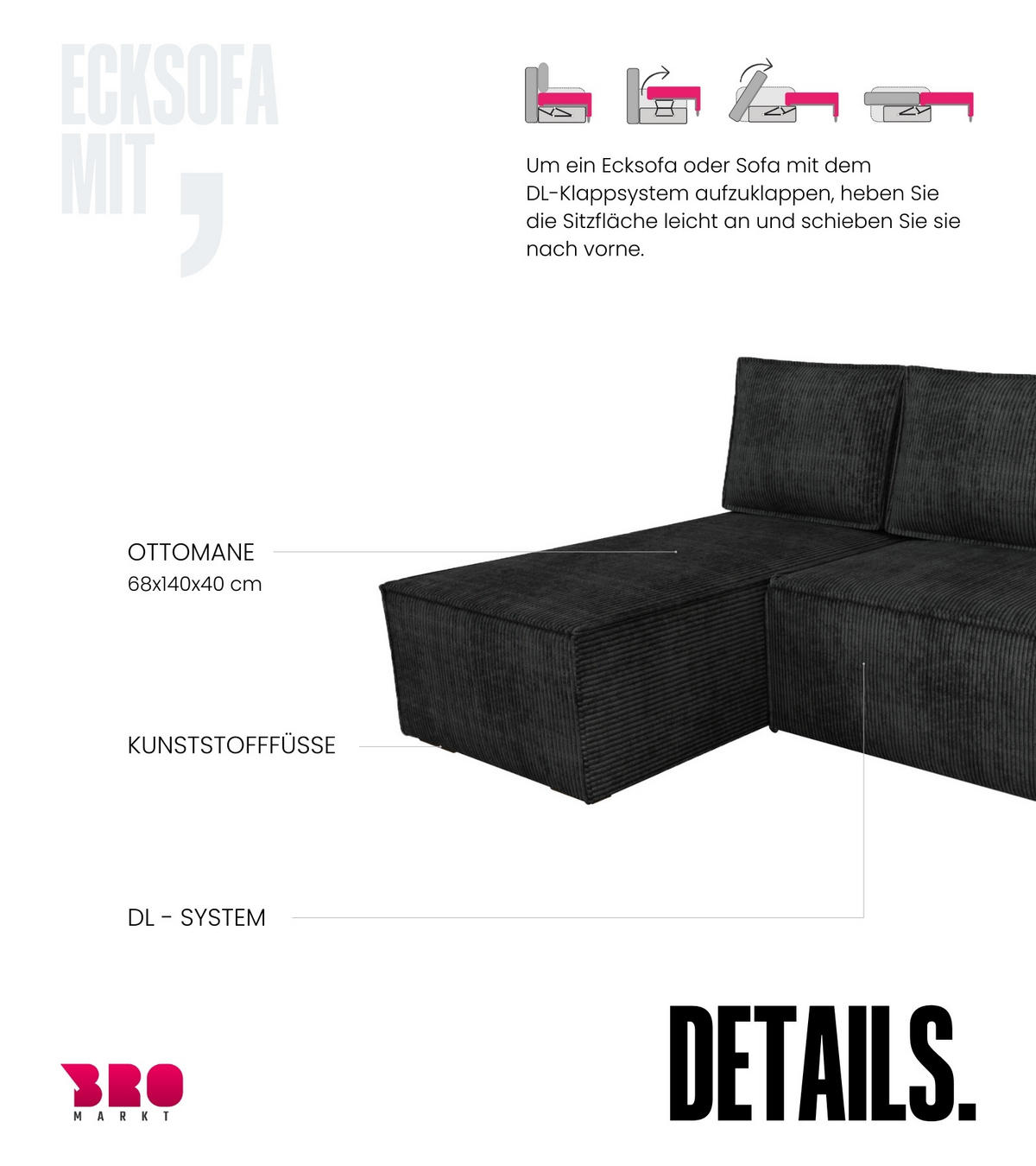 ECKSOFA Hector mit Schlaffunktion Schwarz Cord - Schwarz, Textil (200/141cm) - Bromarkt