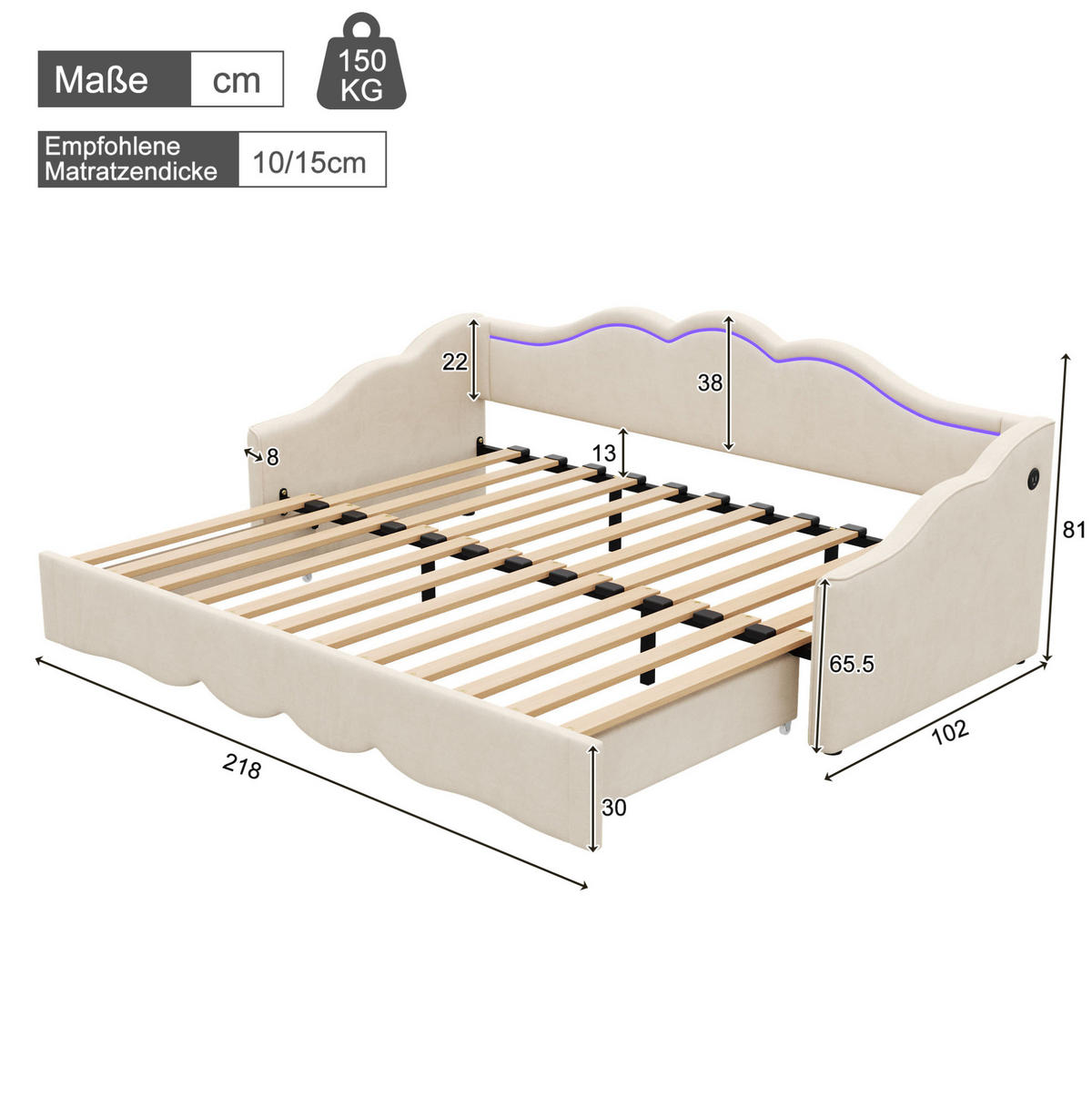 POLSTERBETT 90/200 cm Beige aus Samt mit USB- und TYPE-C-Anschluss - Beige, Textil (90/200cm) - OKMYHOME