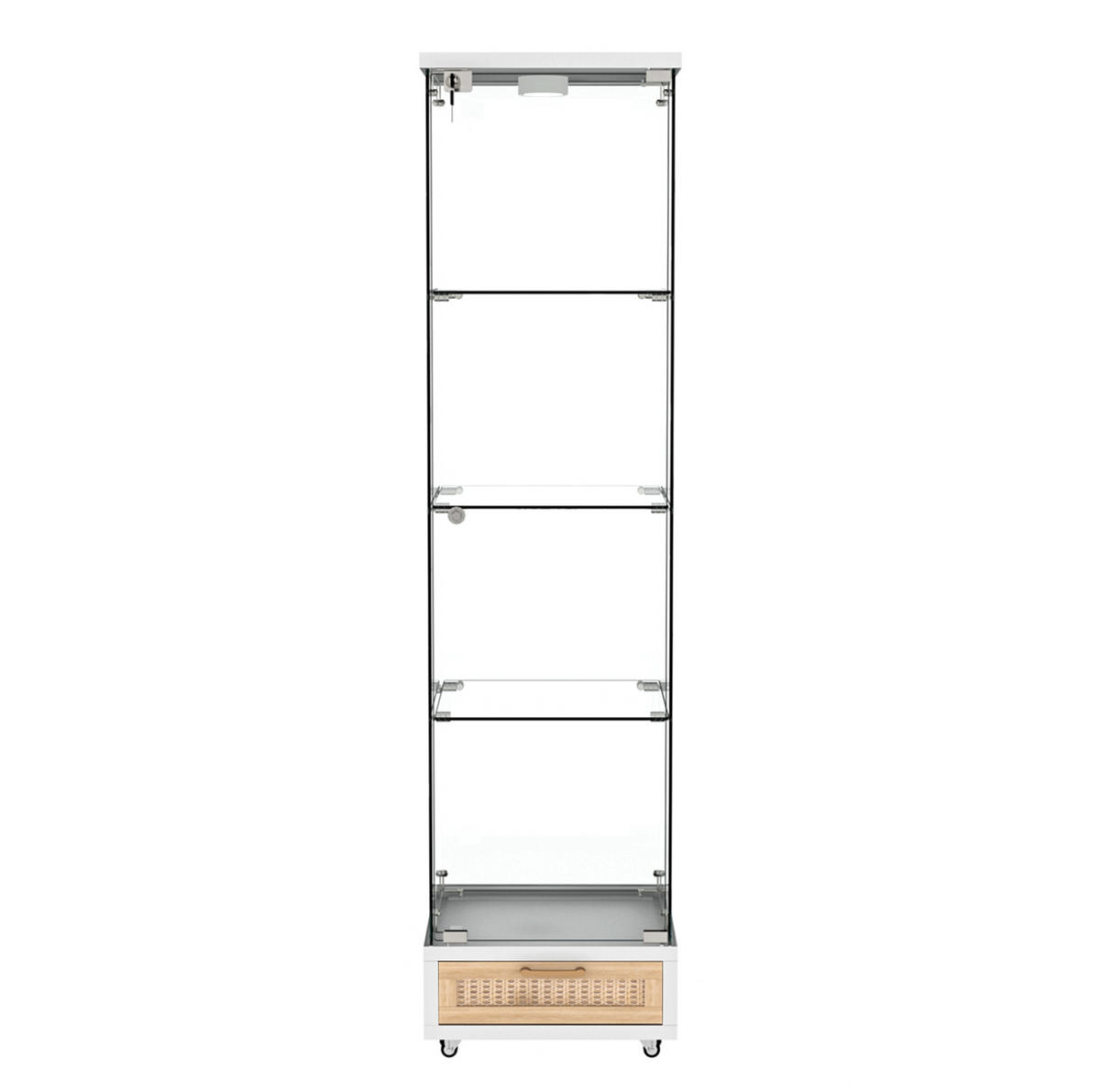 VITRINE aus MDF und Glas 36,5x42,5x167 cm Weiß mit LED-Beleuchtung, Rollen und abschließbarem Stauraum - Weiß, Holzwerkstoff (42.5/167/36.5cm) - Modfu