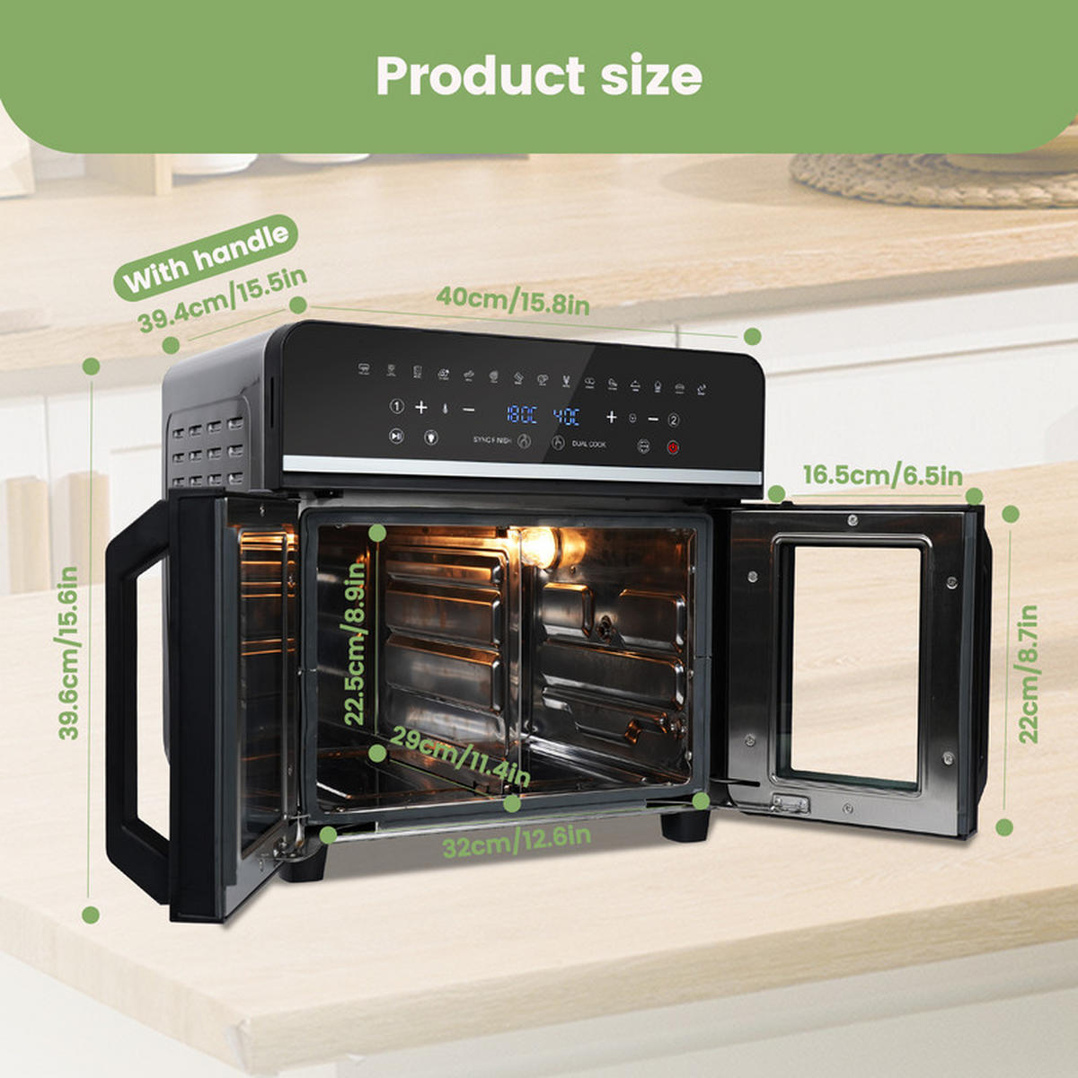 HEISSLUFTFRITTEUSE XXL – 23 L, 2200 W, 2 Zonen, 15 Programme, LED-Touchscreen, inkl. Rezeptbuch - Schwarz, Metall (39/39/40cm) - Kaket