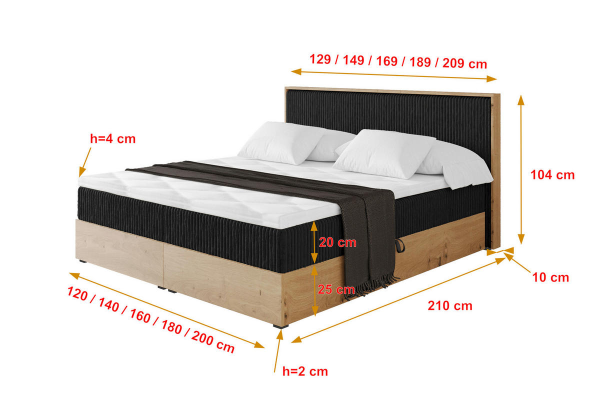 BOXBETT LOLLI9 - 180x200 - H3 Schwarz - Schwarz, Holzwerkstoff (180/200cm) - ALTDECOR