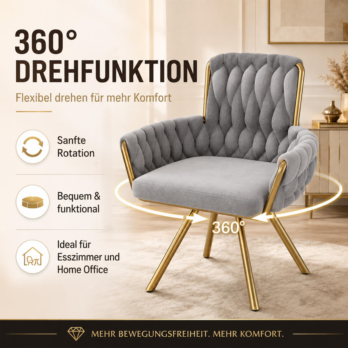 ESSZIMMERSTÜHLE 6er-Set Samt Drehbar Metall Grau - Grau, Textil (63/87/50cm) - FLIEKS