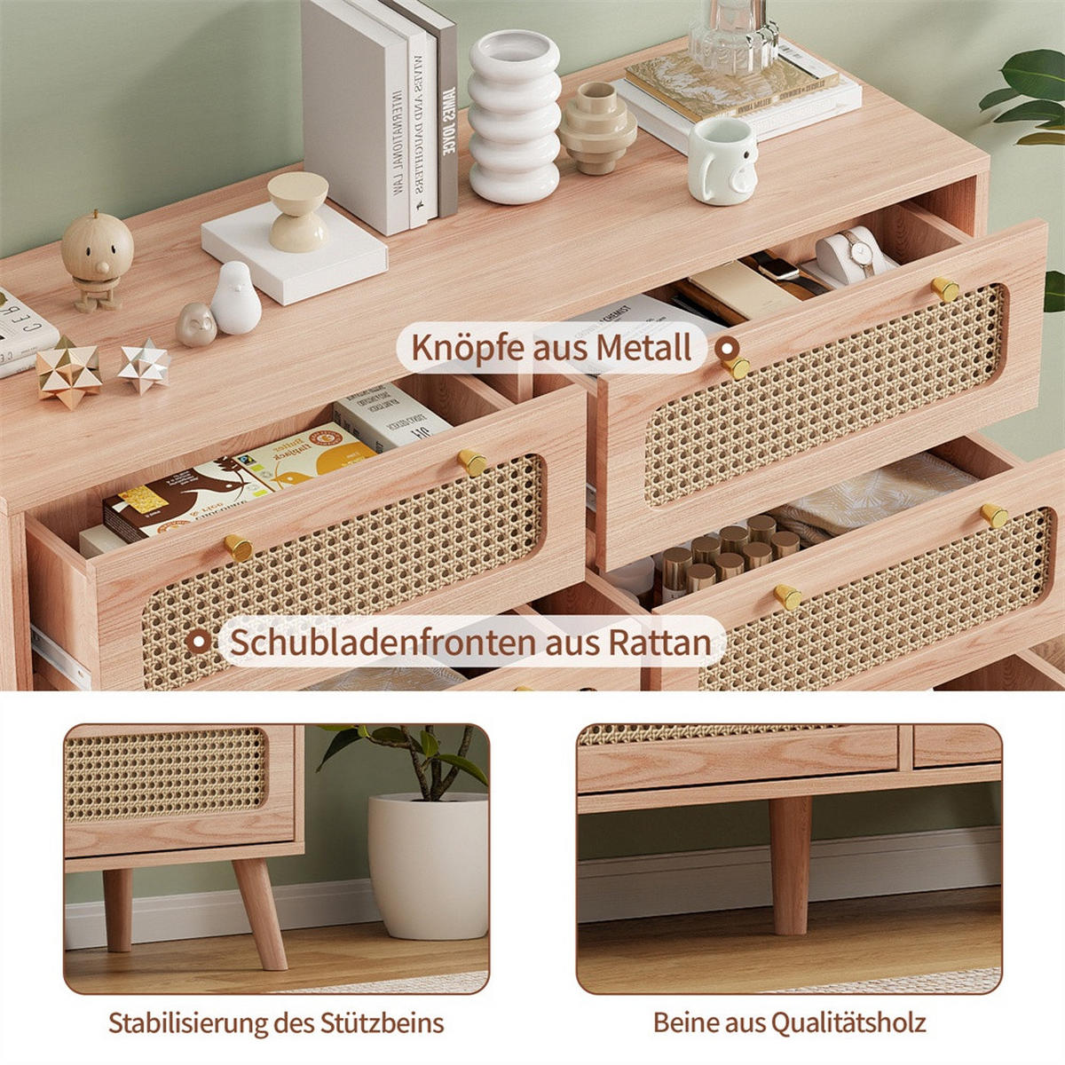 KOMMODE mit 6 Schubladen - Beine aus Massivholz - Rattan-Kommode für Wohnzimmer und Schlafzimmer - Eiche - Eichefarben, Holzwerkstoff (100/73/34cm) - DELFA