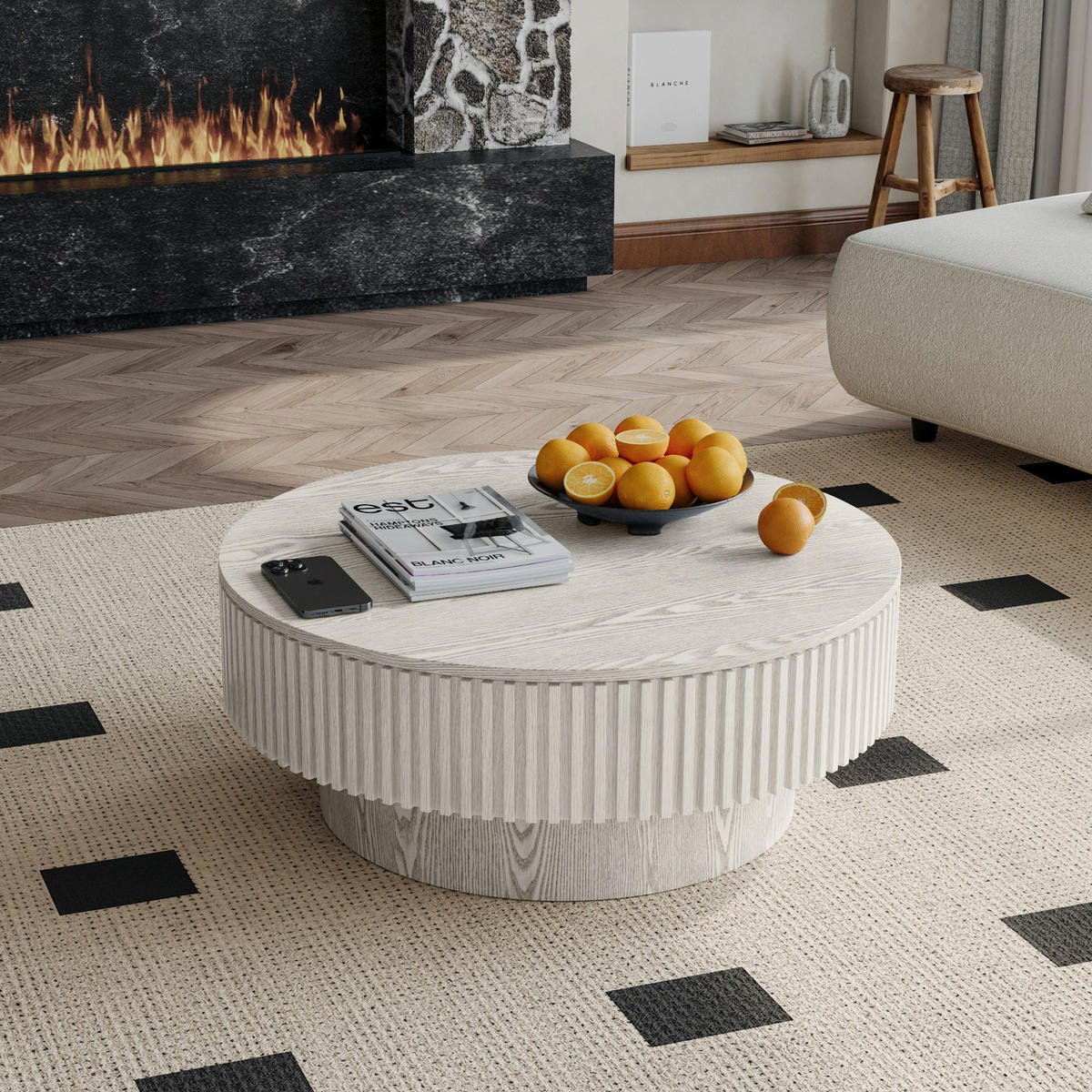 COUCHTISCH rund Retro Weiß 75 cm mit Stauraum - Weiß, Holzwerkstoff (75/75/35cm)