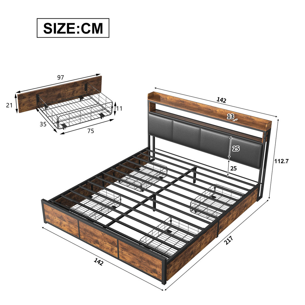POLSTERBETT 140x200 cm Doppelbett, 4 Schubladen, verstellbare LED-Leuchten, weiches PU-Leder, Braun - Braun, Holz (140/200cm) - BRILVERDE