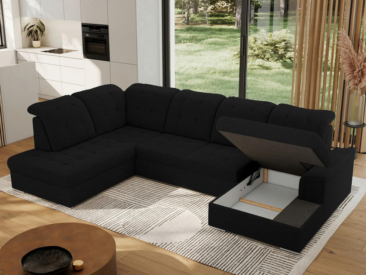 WOHNLANDSCHAFT MADRITO U - Schwarz Boucle - Links - Silberfarben/Schwarz, Textil/Metall (204/89/323cm) - MKS