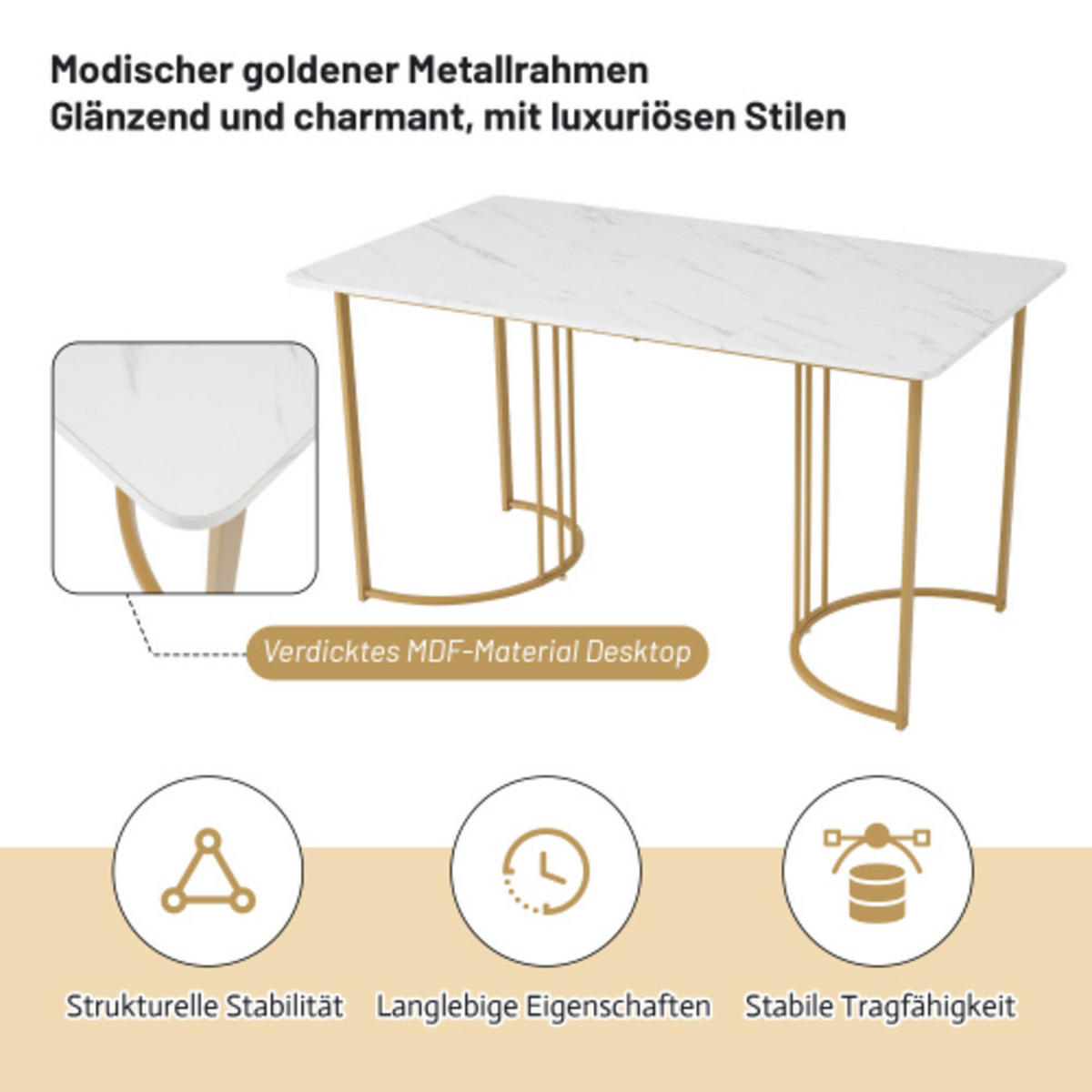 ESSTISCH mit Marmor-Muster, stabilem Metallgestell und verstellbaren Füßen als moderner Küchentisch, weiß-gold - Weiß, Holzwerkstoff (140/80/75cm) - Luhomfu