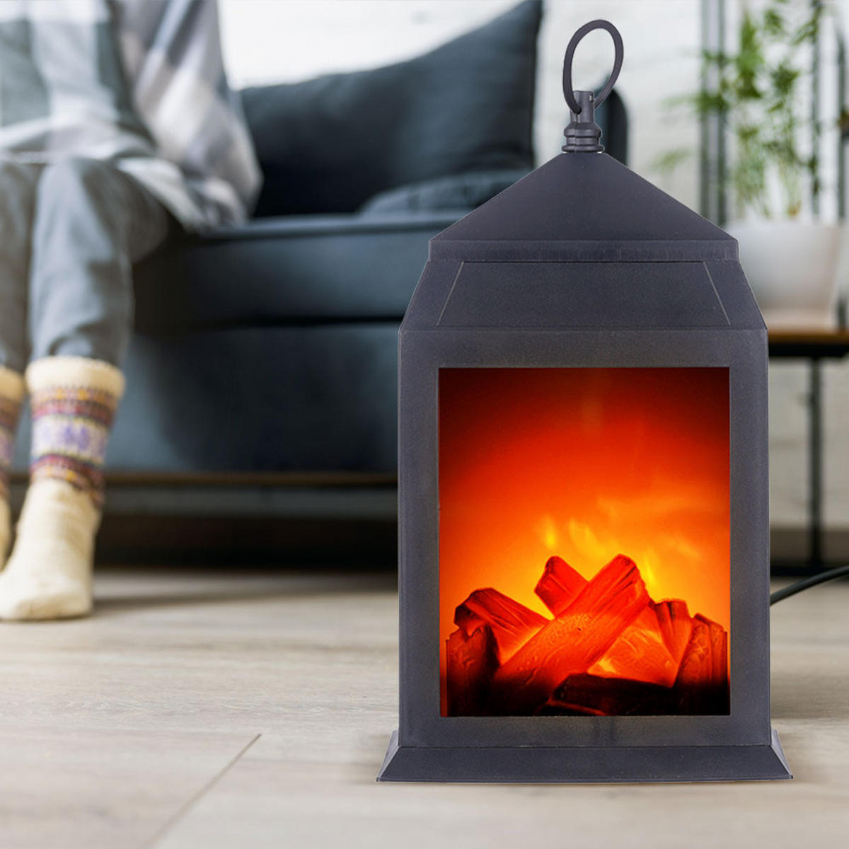 LED TISCHLEUCHTE Kamin Schwarz Kunststoff - Schwarz, Kunststoff (15.8/13.8/30cm)