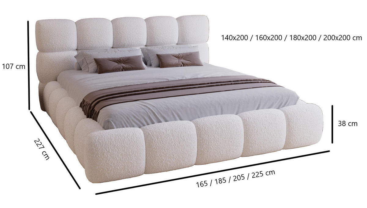 DOPPELBETT 200x200 Lucca mit Bettkasten, Stoff Bouclé, Grau - Grau, Holz/Textil (200/200cm) - Emporius