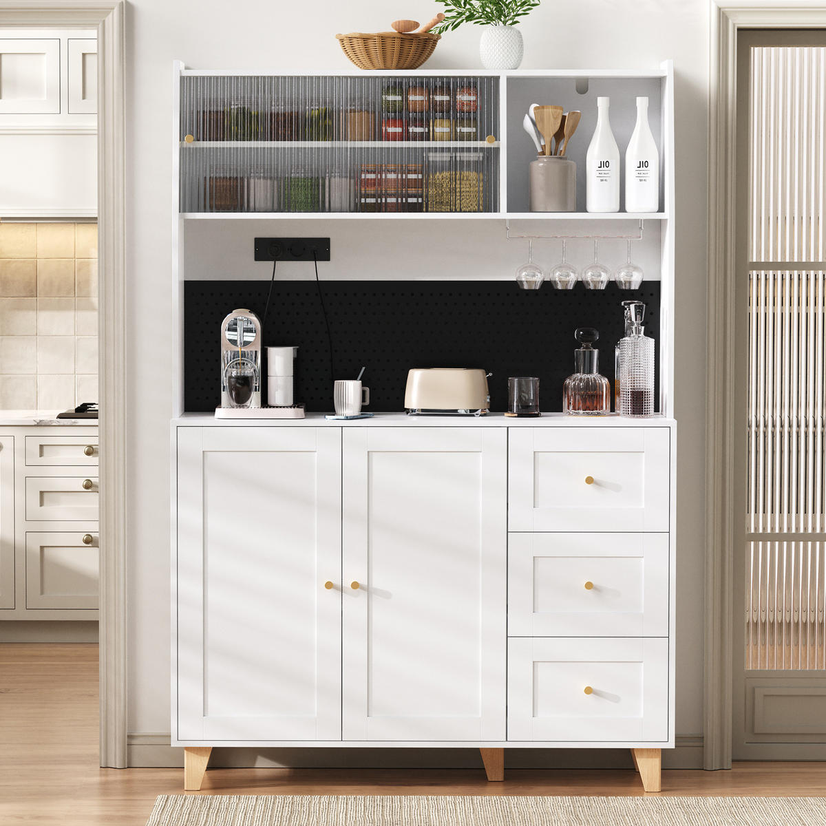 BUFFET 120/40/184 cm aus MDF mit Steckdosen, Lochplatte und Riffelglastüren Weiß - Weiß, Holzwerkstoff (120/184/40cm) - Modenvie