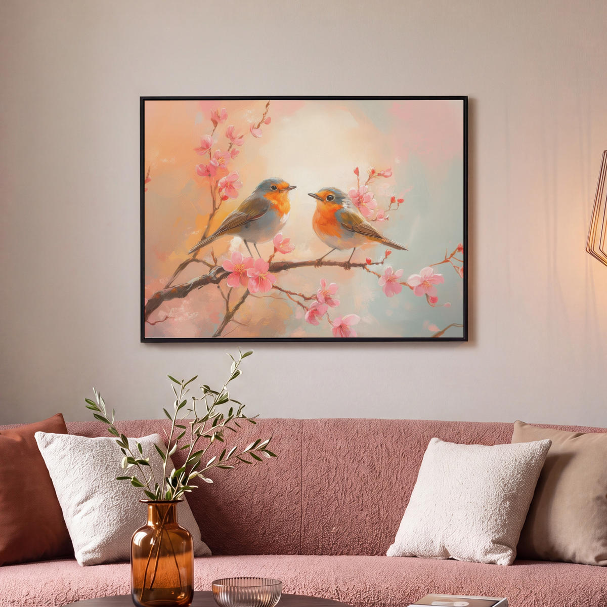 LEINWAND Bilder mit Rahmen - Rotkehlchen - Zierpflanze - Blütenzweig - 80x60 - Hellrosa, Textil (80/60cm) - MuchoWow