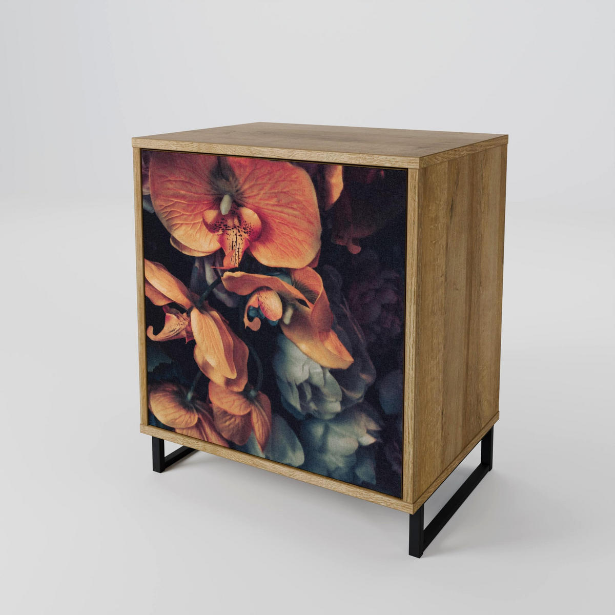 SIDEBOARD NEVERENDING BLOOM, Eichefarben, 57,5x42x70,5 cm, Schwarze Metall-Sternfüße - Eichefarben/Multicolor, Holzwerkstoff/Metall (57.5/70.5/42cm) - SpaceRebels