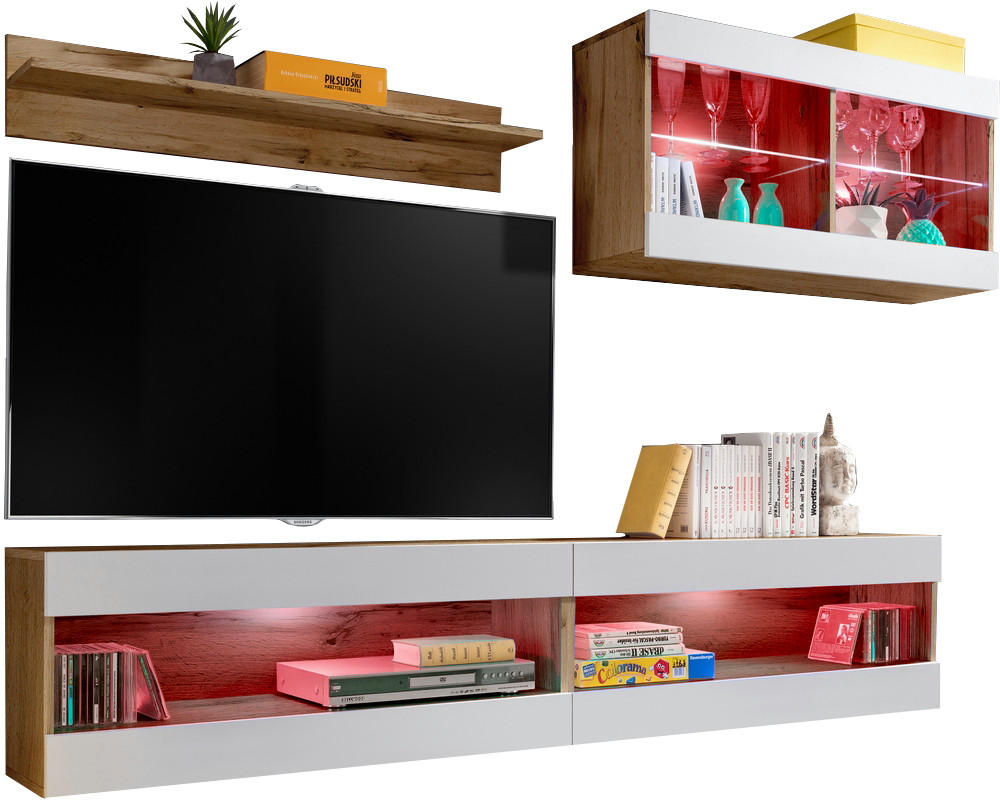 WOHNWAND 4-er Set, TIVOLI SET6 mit mehrfarbige LED RGB Beleuchtung Wotan + Weiß, Offener Raum - Eiche Wotan/Weiß, Glas/Holzwerkstoff (240/195/35cm) - Komodee