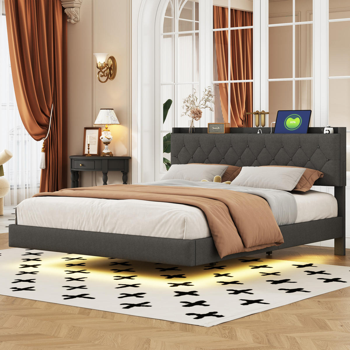 POLSTERBETT 160/200 cm grau mit USB-Ladeanschluss und LED-Farbwechsel-Lichtleiste - Grau, Textil (160/200cm) - OKWISH