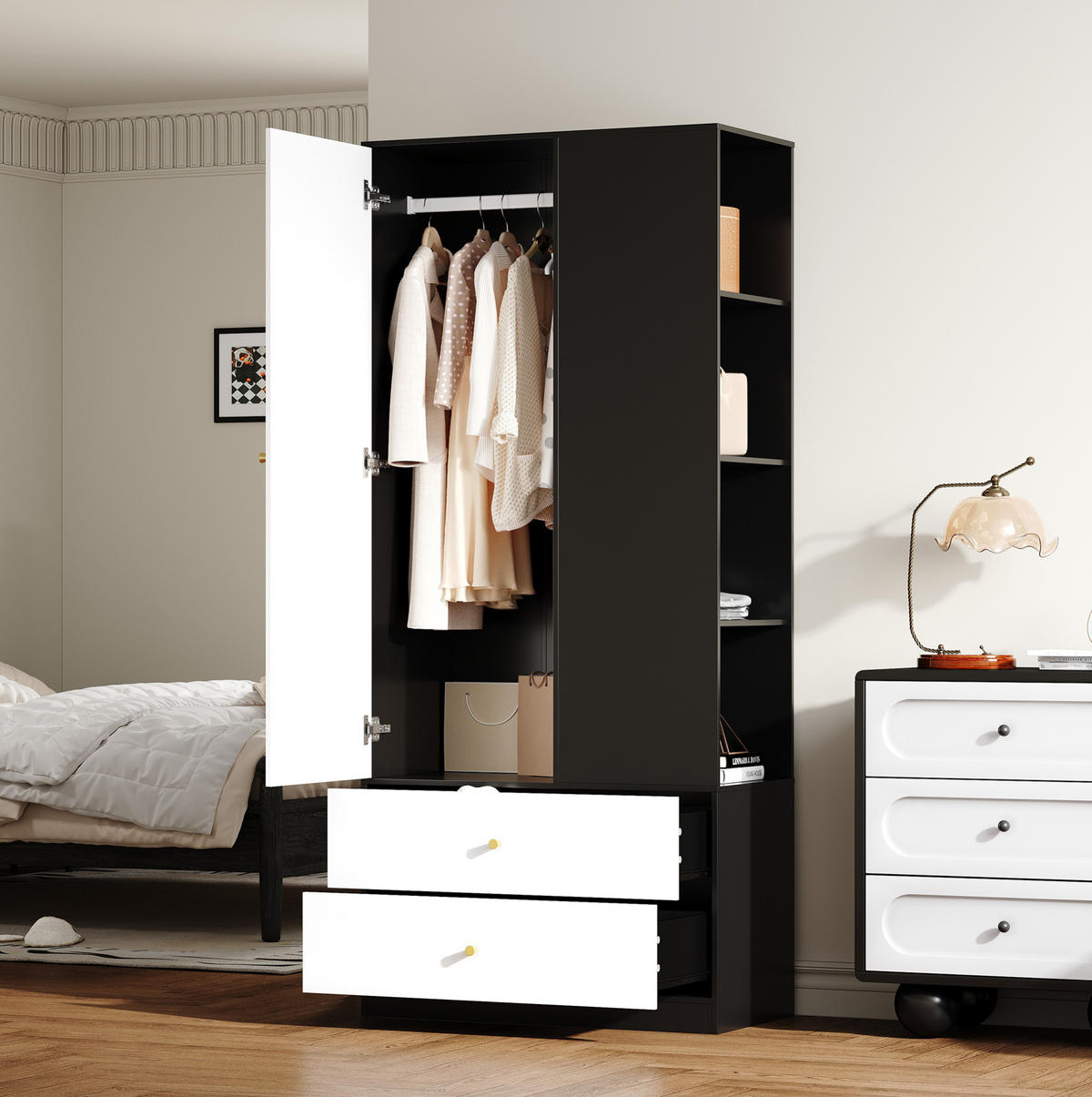 KLEIDERSCHRANK mit Spiegeltür, Kleiderstange & 2 Schubladen, 80/40/180 cm, Weiß/Schwarz - Weiß, Holzwerkstoff (80/180/40cm) - Redom