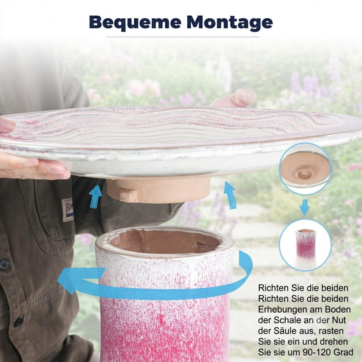 VOGELBAD mit Standfuß, Keramik Ø43/45H cm, Wetterfest, Rosa-Weiß - Pink, Keramik (43/45/43cm) - LVHOM