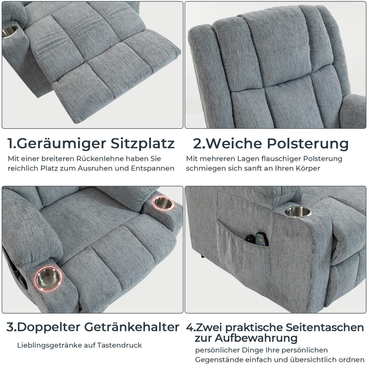 ELEKTRISCHER Relaxsessel Samt mit Aufstehhilfe, Massage, Wärme 91/84/106 cm Hellgrau - Hellgrau, Textil (84/106/91cm) - Redom