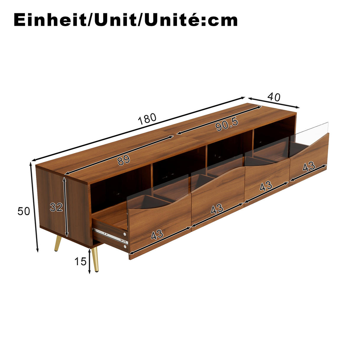 TV-SCHRANK 180 cm Mit LED-Beleuchtung, Glasfront, goldenen Metallfüßen Walnussfarben, Stauraum für Wohnzimmer - Braun, Holzwerkstoff (180/50/40cm) - Urban Meuble