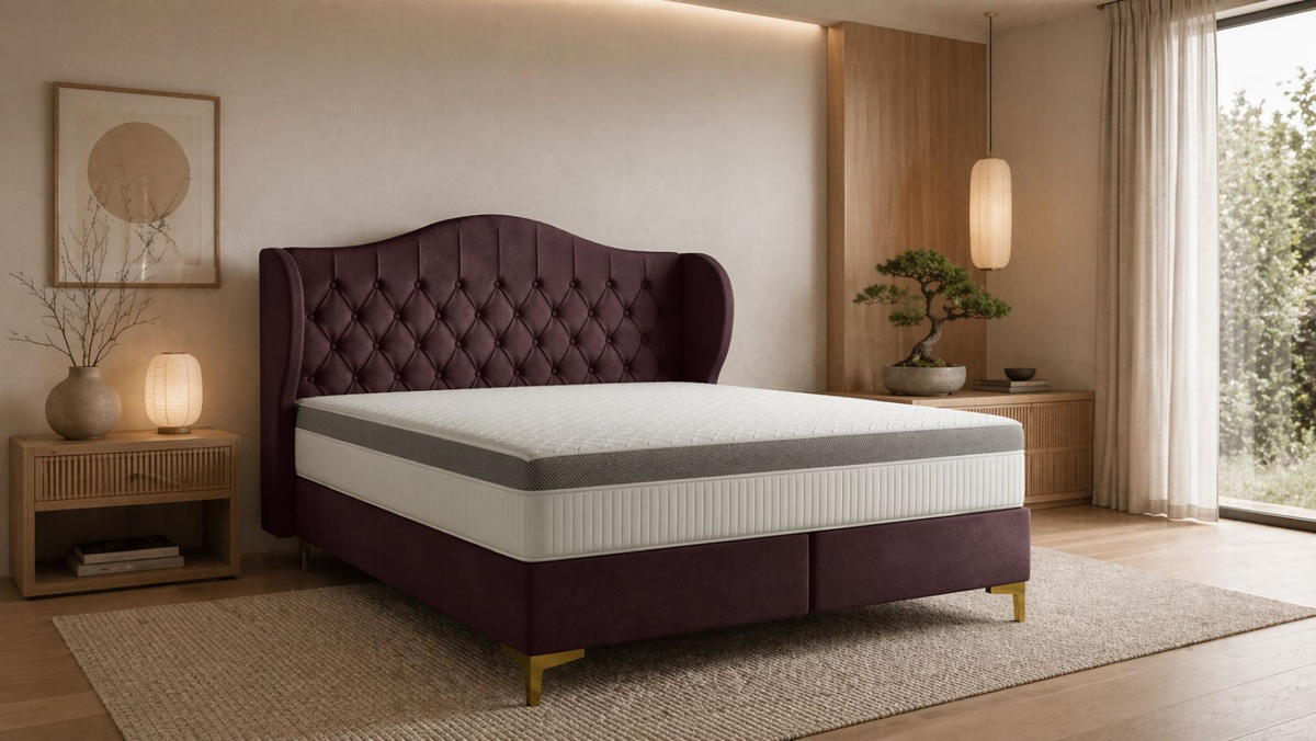 BETT mit Taschenmatratze LEGEND, Whisper-Stoff Rotwein 160x200 cm - Rot, Holz/Textil (160/200cm) - Kaiser Möbel