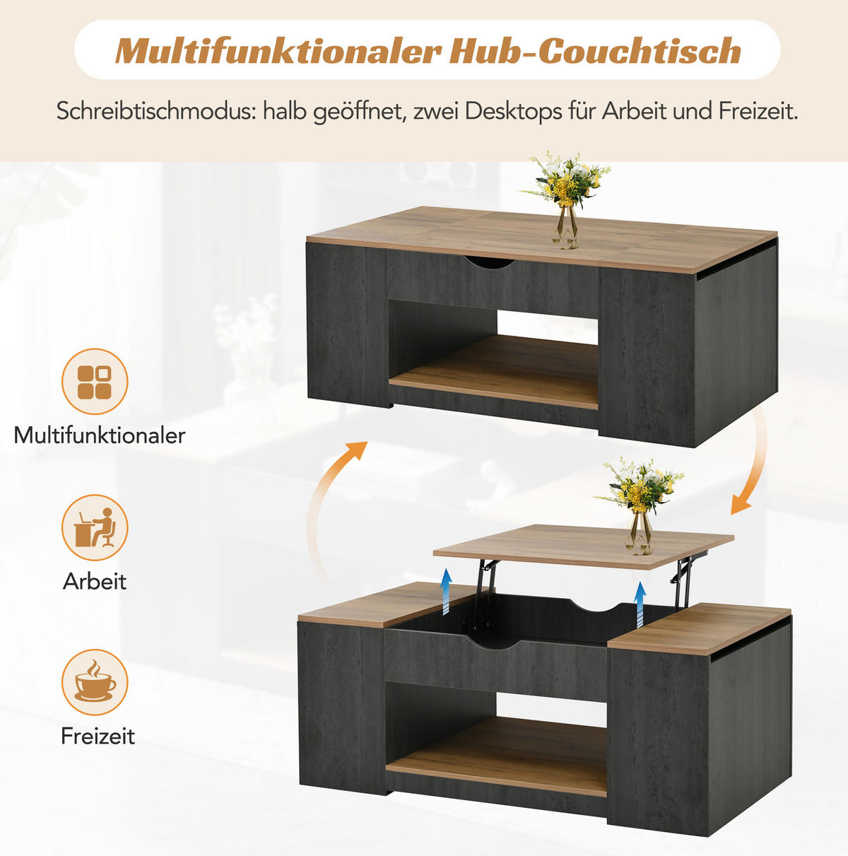 KONFERENČNÍ stolek z MDF 109,5x43x59,7 cm šedý/hnědý s výškovým nastavením a úložným prostorem - šedá, kompozitní dřevo (109.5/59.7/57.4cm) - Modfu