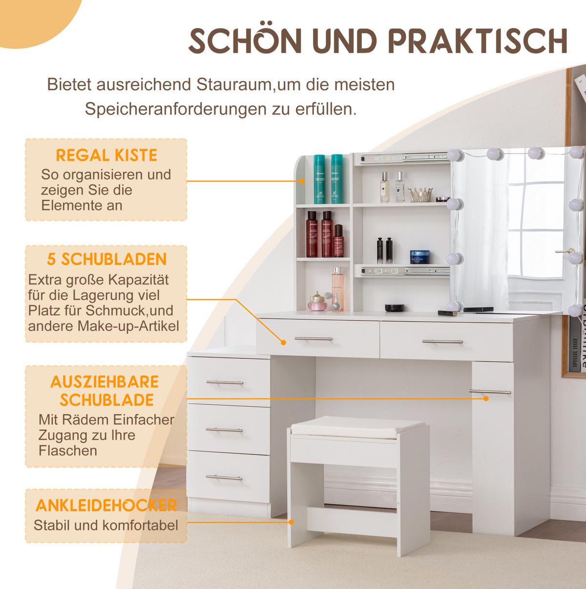 SCHMINKTISCH 100/40.5/136 mit Schiebespiegel, verstecktem Stauraum, LED-Beleuchtung und Hocker, Weiß - Weiß, Holzwerkstoff (100/136/40.5cm) - Redom