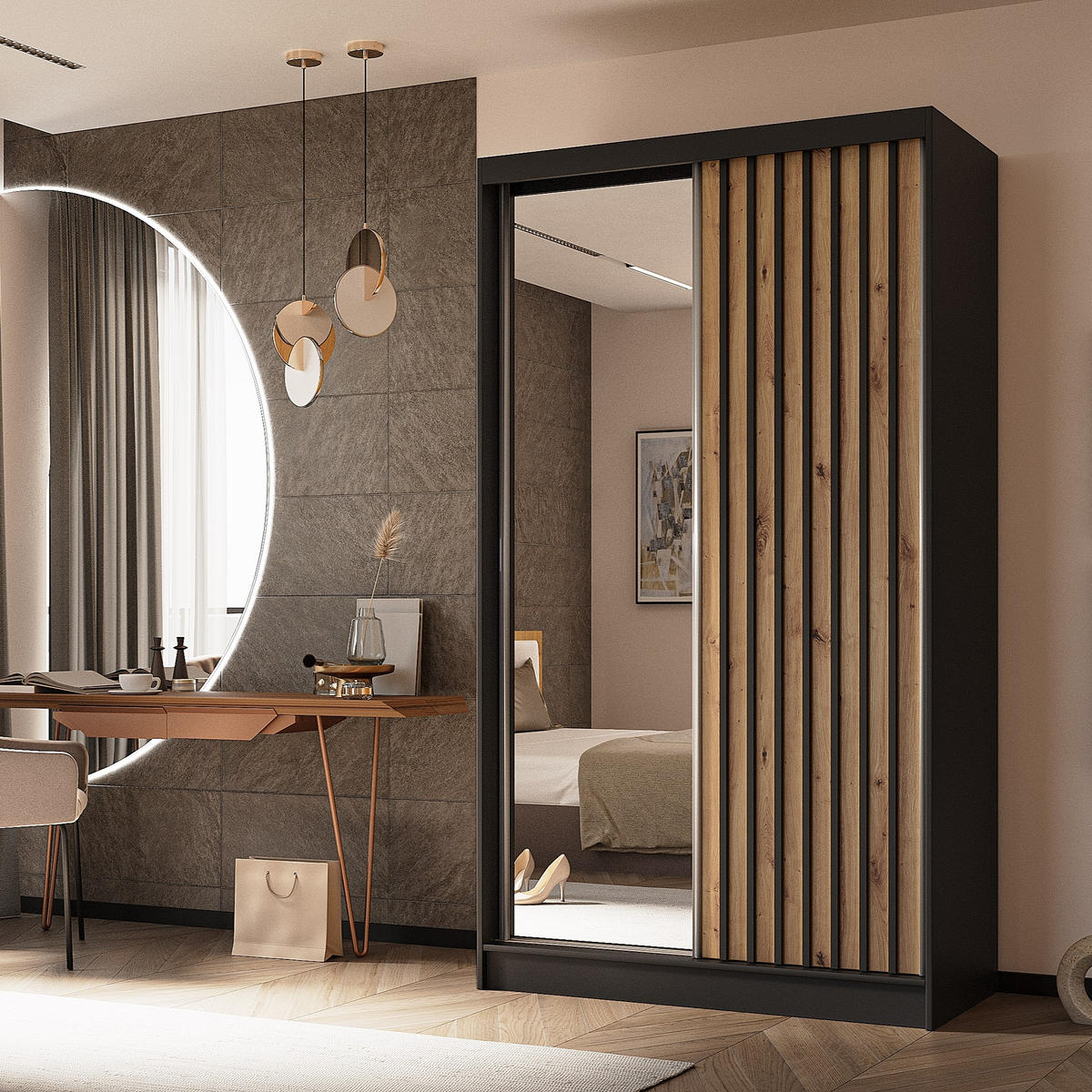 SCHWEBETÜRENSCHRANK LAMELLO 120/216/61 cm 2-türig mit Spiegel Schwarz - Schwarz/Eiche Artisan, Holzwerkstoff (120/216/61cm) - MASSENO