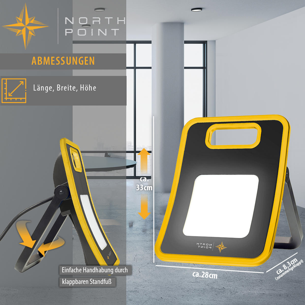LED-ARBEITSSTRAHLER - 30W mit 2800 Lumen, verstellbarem Standgestell und rückseitiger Steckdose, 3m Netzkabel - Schwarz, Metall (8.3/24/33cm) - Northpoint